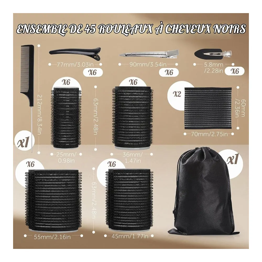 45 pièces bigoudis auto-adhésifs 4 tailles avec pinces, vue 2 Wd&Cd