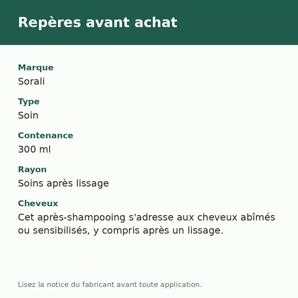 Après-shampooing Amino Plex cheveux abîmés Sorali, repères avant achat (visuel composé)