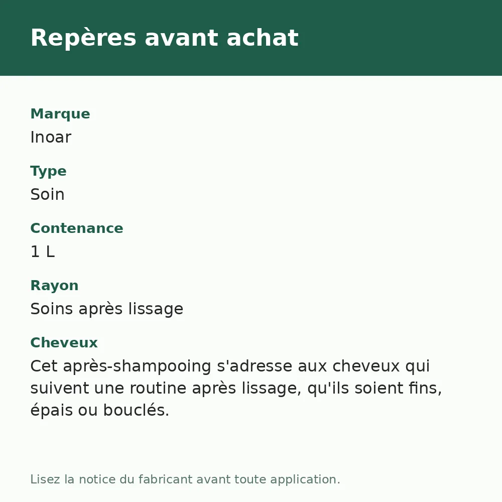 Après-shampooing Inoar Cicatrifios, repères avant achat (visuel composé)