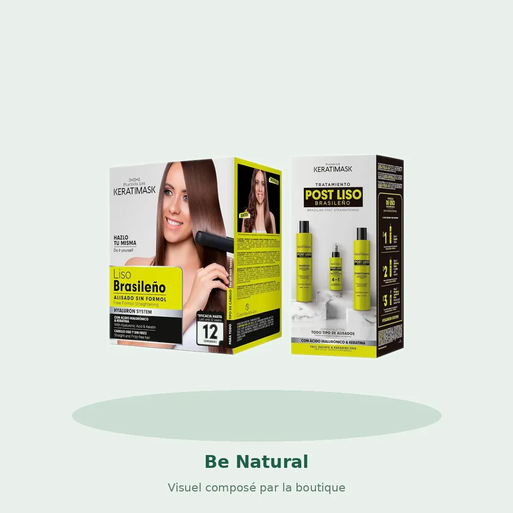 Be Natural Placenta Life Keratimask kit de lissage brésilien, visuel composé par la boutique