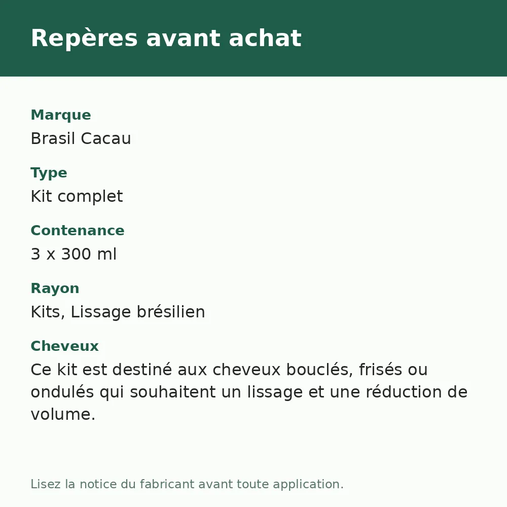 Brasil Cacau Brazilian Thermal Reconstruction kit lissage brésilien, repères avant achat (visuel composé)
