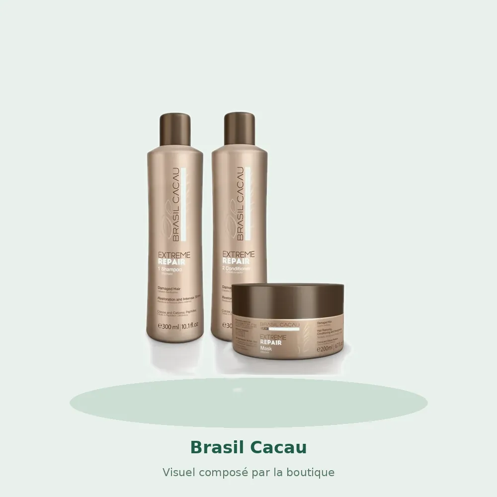 Brasil Cacau Extreme Repair shampoing, conditionneur et masque, visuel composé par la boutique