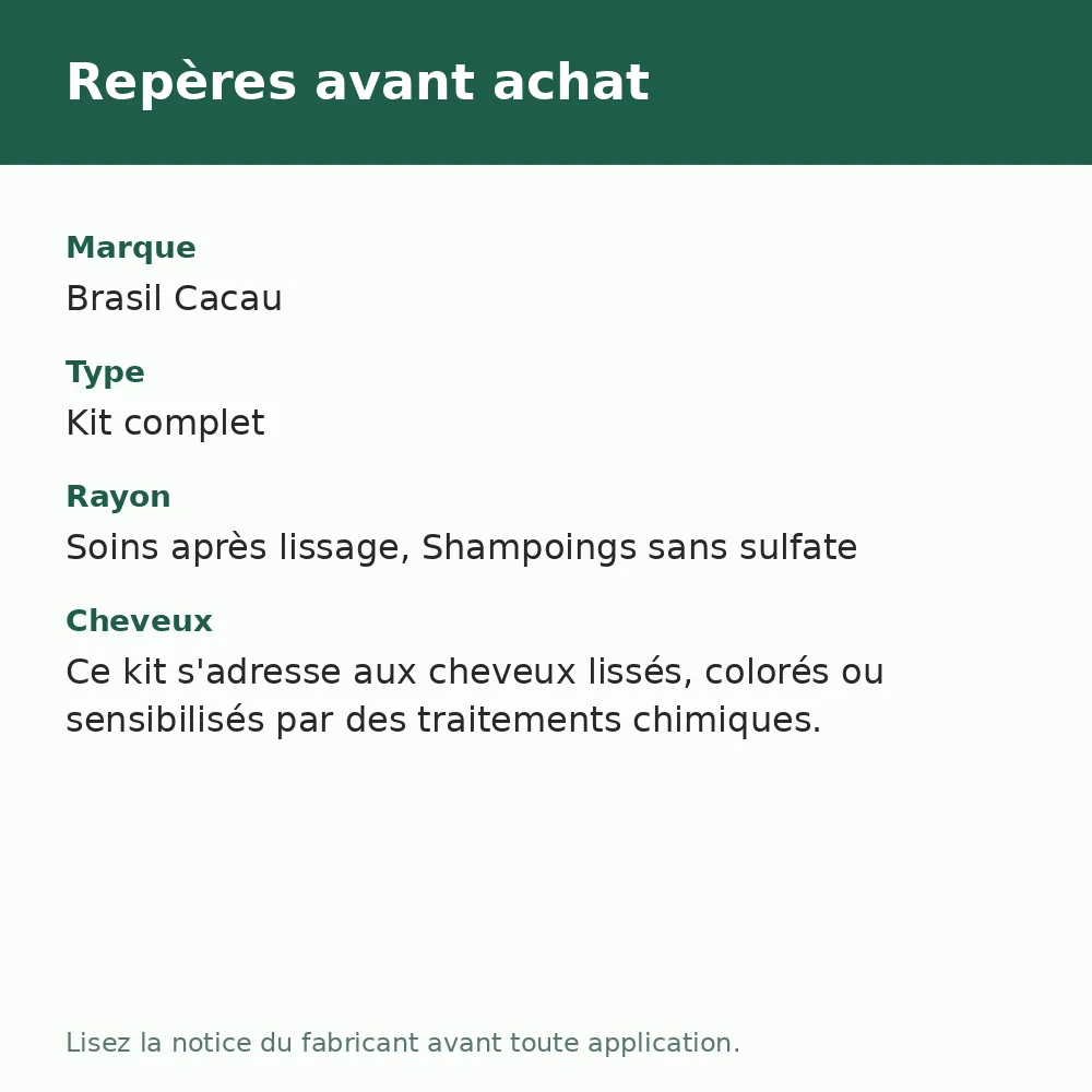 Brasil Cacau Extreme Repair shampoing, conditionneur et masque, repères avant achat (visuel composé)