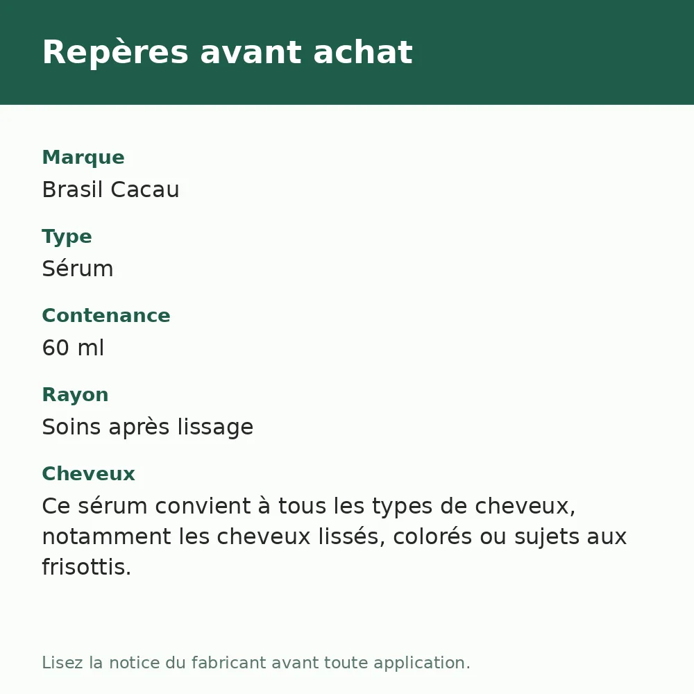 Brasil Cacau sérum brillance, repères avant achat (visuel composé)