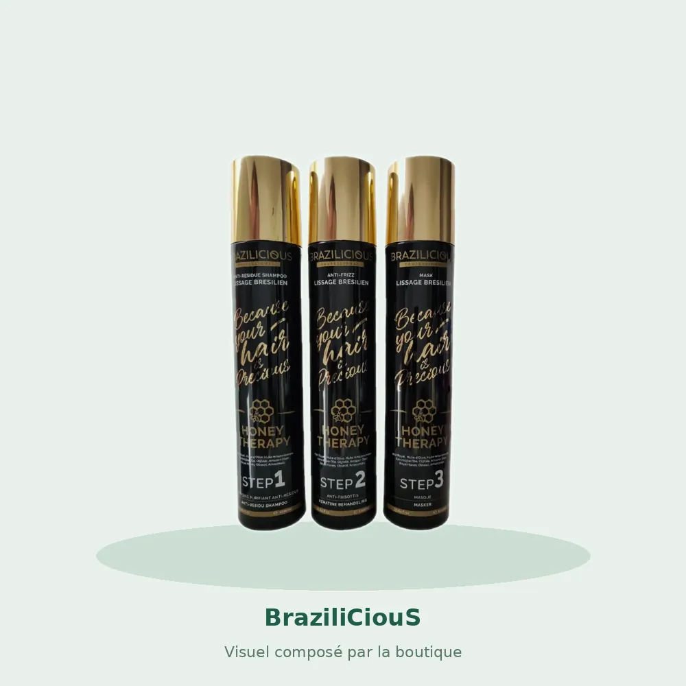 BraziliCiouS Honey Therapy lissage brésilien 3 x 1 L, visuel composé par la boutique