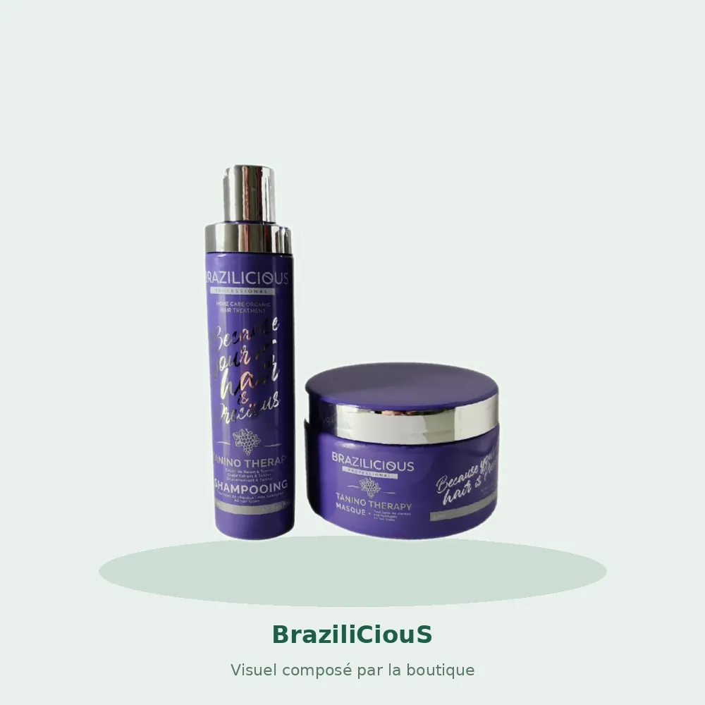 BraziliCiouS Tanino Therapy kit d'entretien shampoing et masque, visuel composé par la boutique