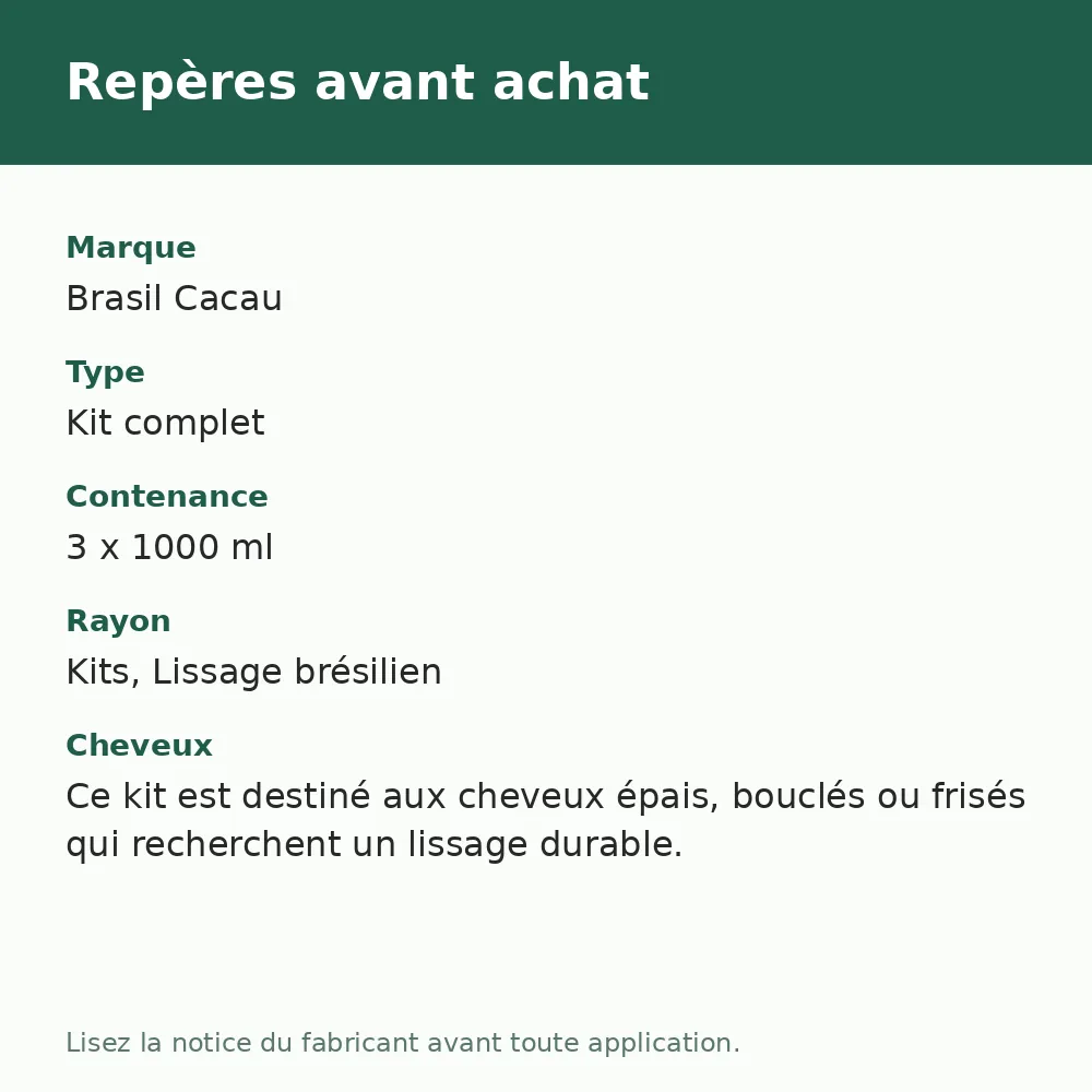 Cadiveu Brasil Cacau traitement protéiné kit 3 x 1000 ml, repères avant achat (visuel composé)