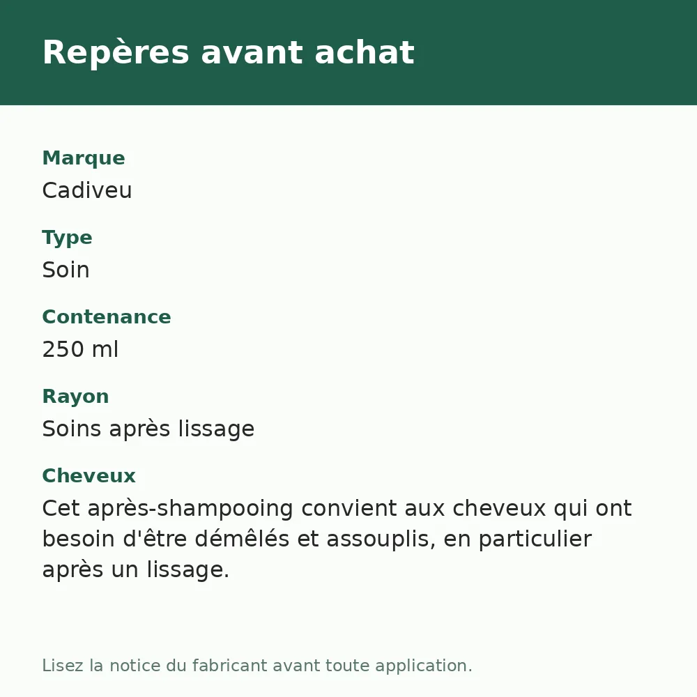 Cadiveu Essentials Liso Mágico après-shampooing 250 ml, repères avant achat (visuel composé)