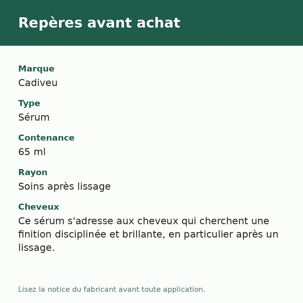 Cadiveu Essentials Liso Mágico sérum capillaire 65 ml, repères avant achat (visuel composé)