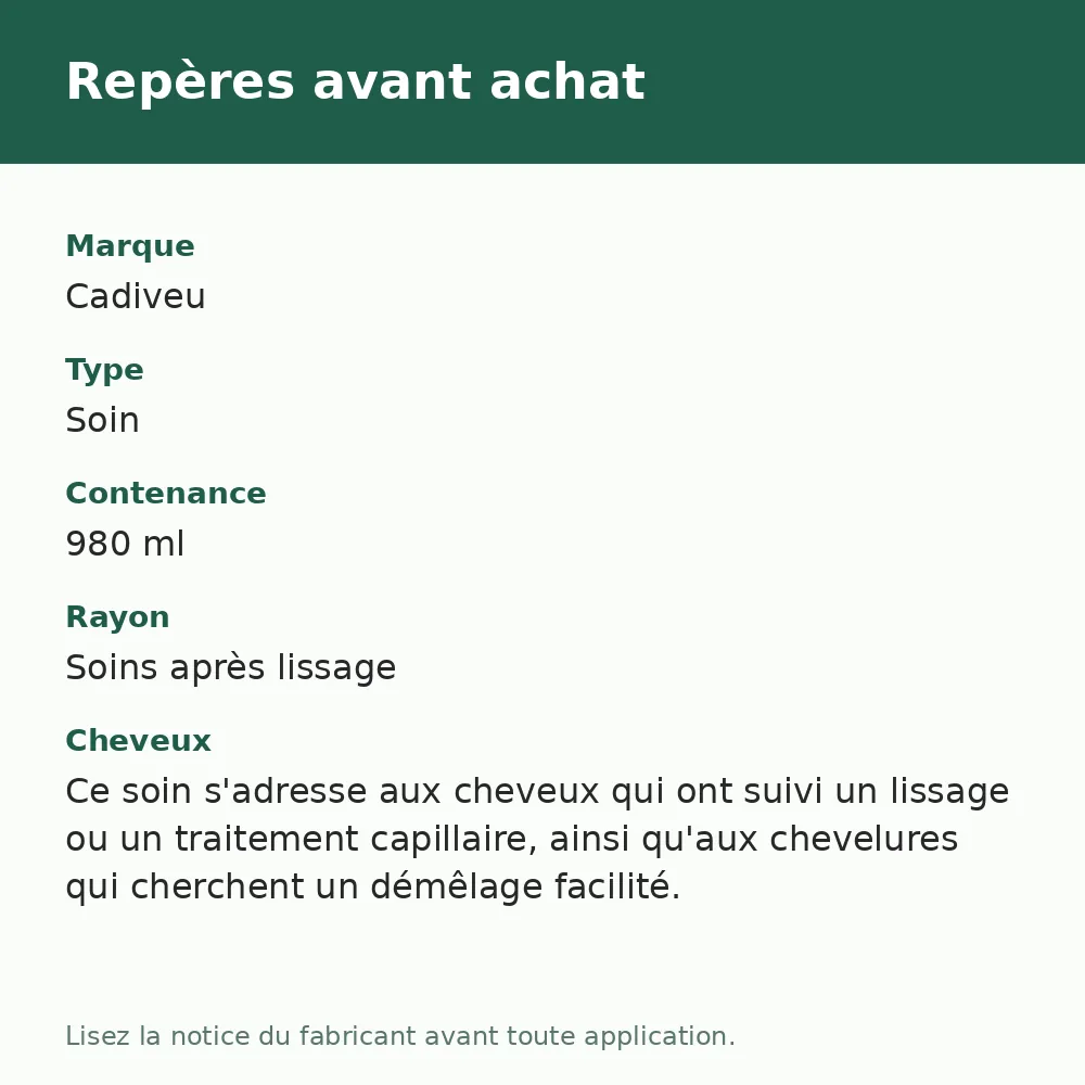 Cadiveu Hydra Pro après-shampooing 980 ml, repères avant achat (visuel composé)