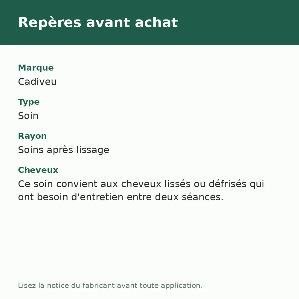Cadiveu soin capillaire, repères avant achat (visuel composé)