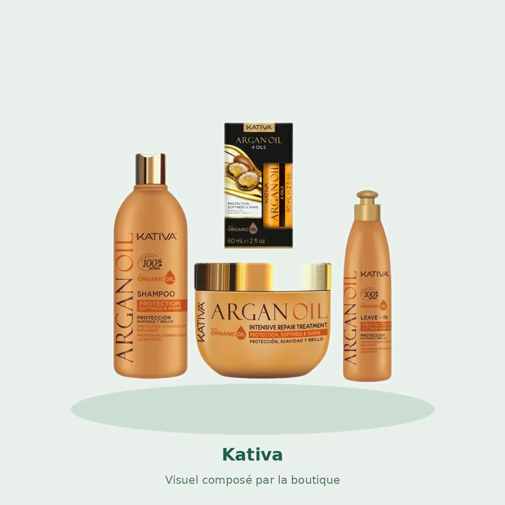Coffret soin cheveux kératine argan sans sulfate Kativa, visuel composé par la boutique