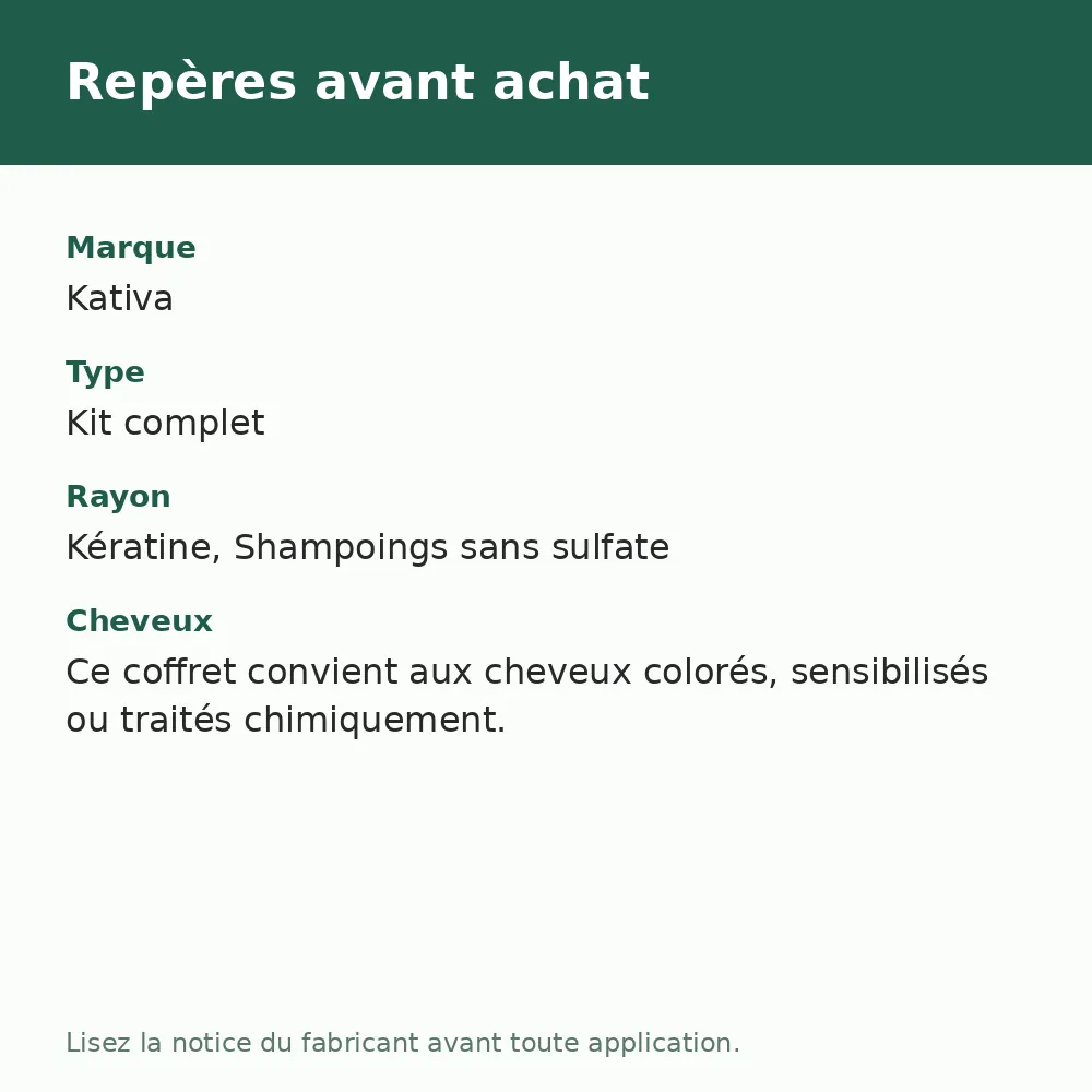 Coffret soin cheveux kératine argan sans sulfate Kativa, repères avant achat (visuel composé)