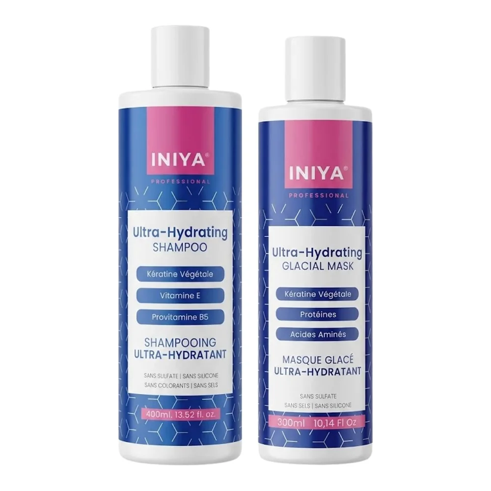 Duo hydratation Iniya shampoing et masque lissant brésilien au tanin, packshot Iniya