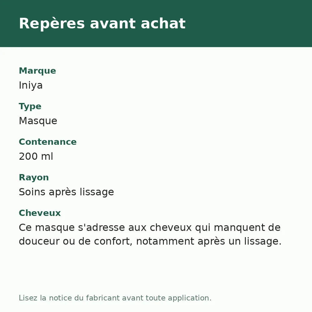 Iniya Intensive Repair masque réparation 200 ml, repères avant achat (visuel composé)