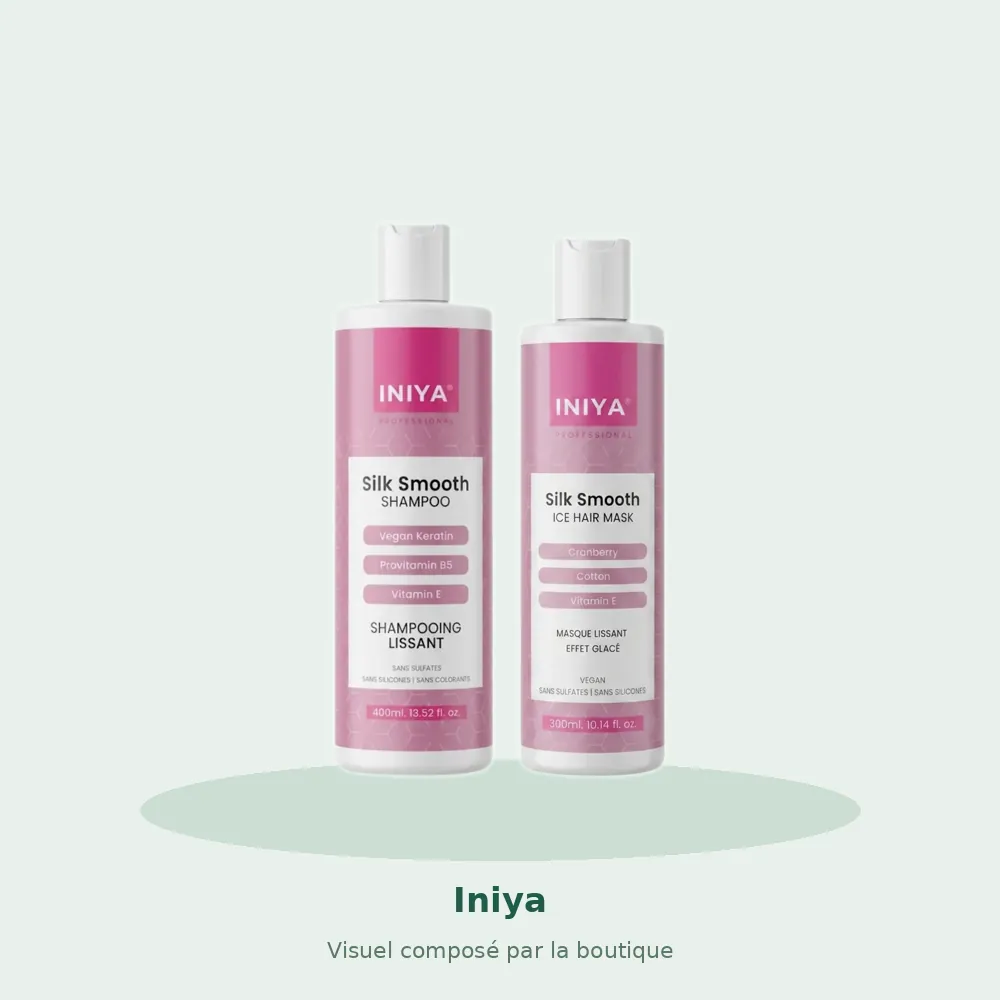 Iniya routine lissage Silk Smooth shampooing et masque, visuel composé par la boutique