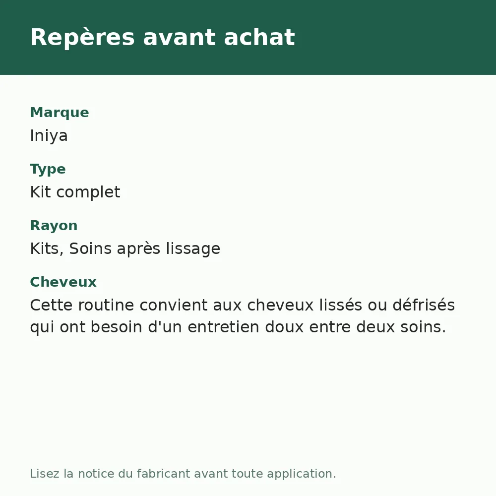 Iniya routine lissage Silk Smooth shampooing et masque, repères avant achat (visuel composé)