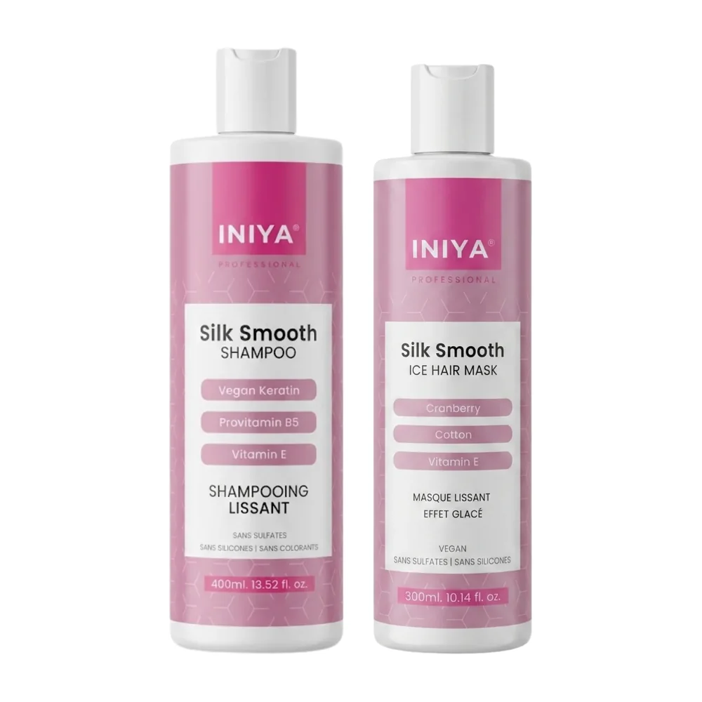 Iniya routine lissage Silk Smooth shampooing et masque, packshot Iniya