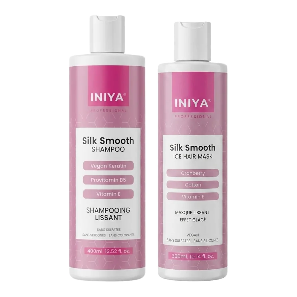 Iniya Silk Smooth kit shampooing et masque lissant sans sulfate ni silicone, packshot Iniya