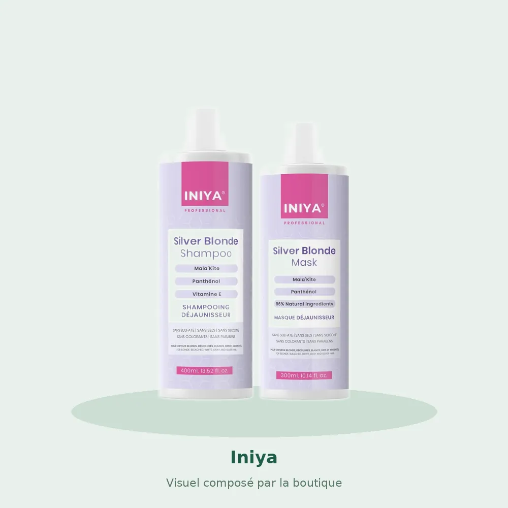 Iniya Silver Blonde kit shampooing et masque déjaunissant, visuel composé par la boutique