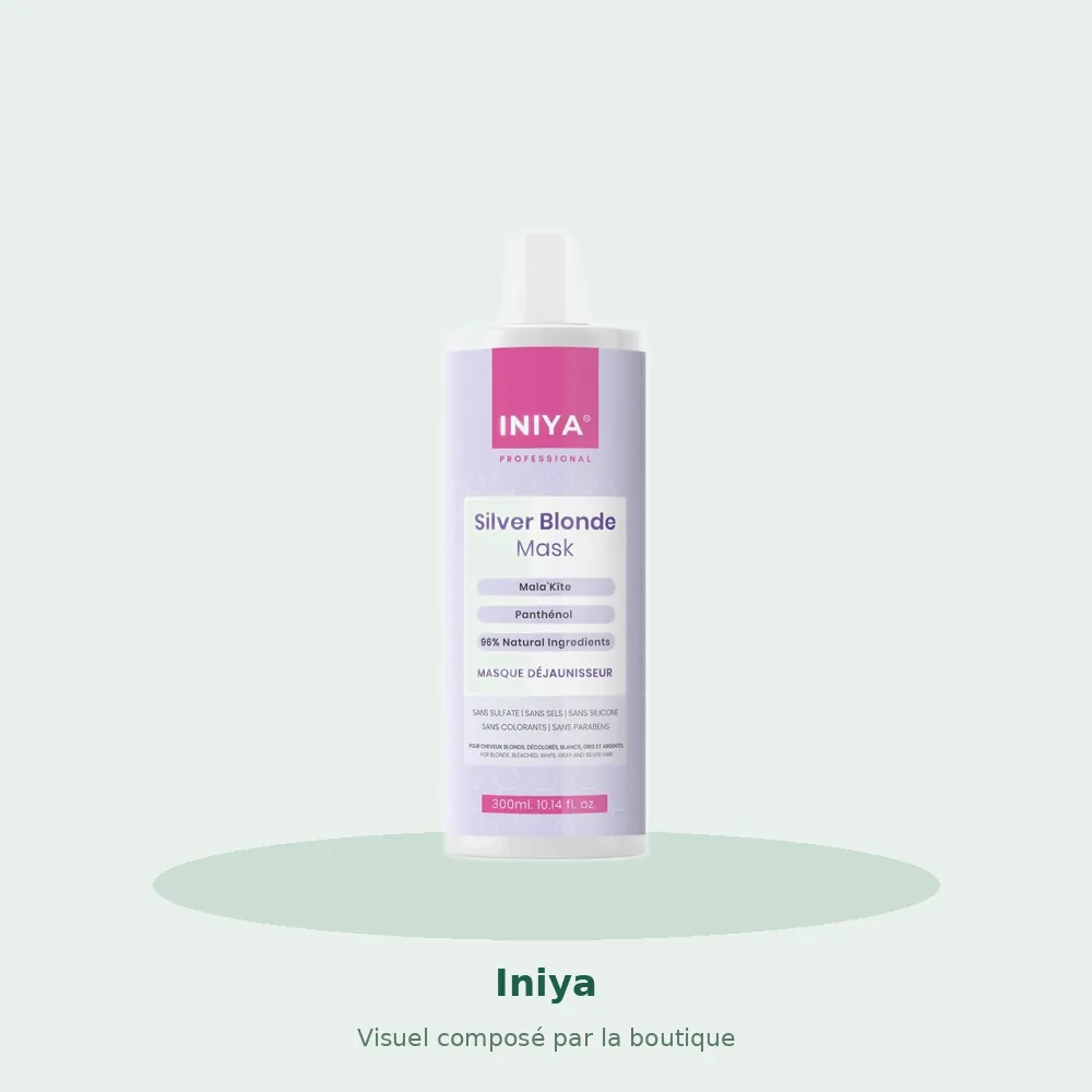 Iniya Silver Blonde masque déjaunissant 300 ml, visuel composé par la boutique
