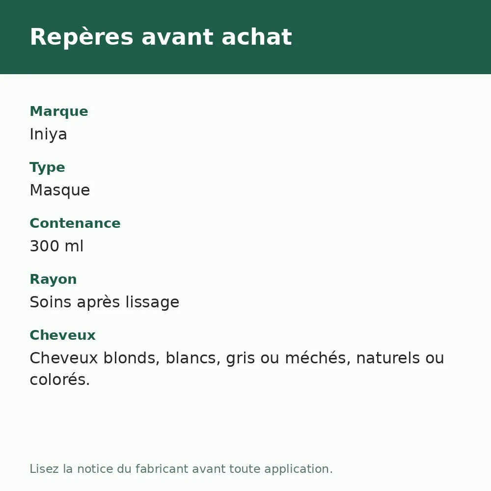Iniya Silver Blonde masque déjaunissant 300 ml, repères avant achat (visuel composé)