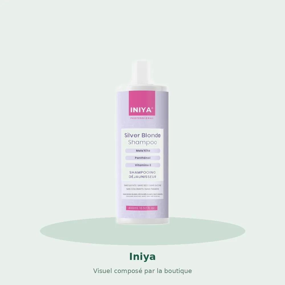Iniya Silver Blonde shampooing déjaunissant 400 ml, visuel composé par la boutique