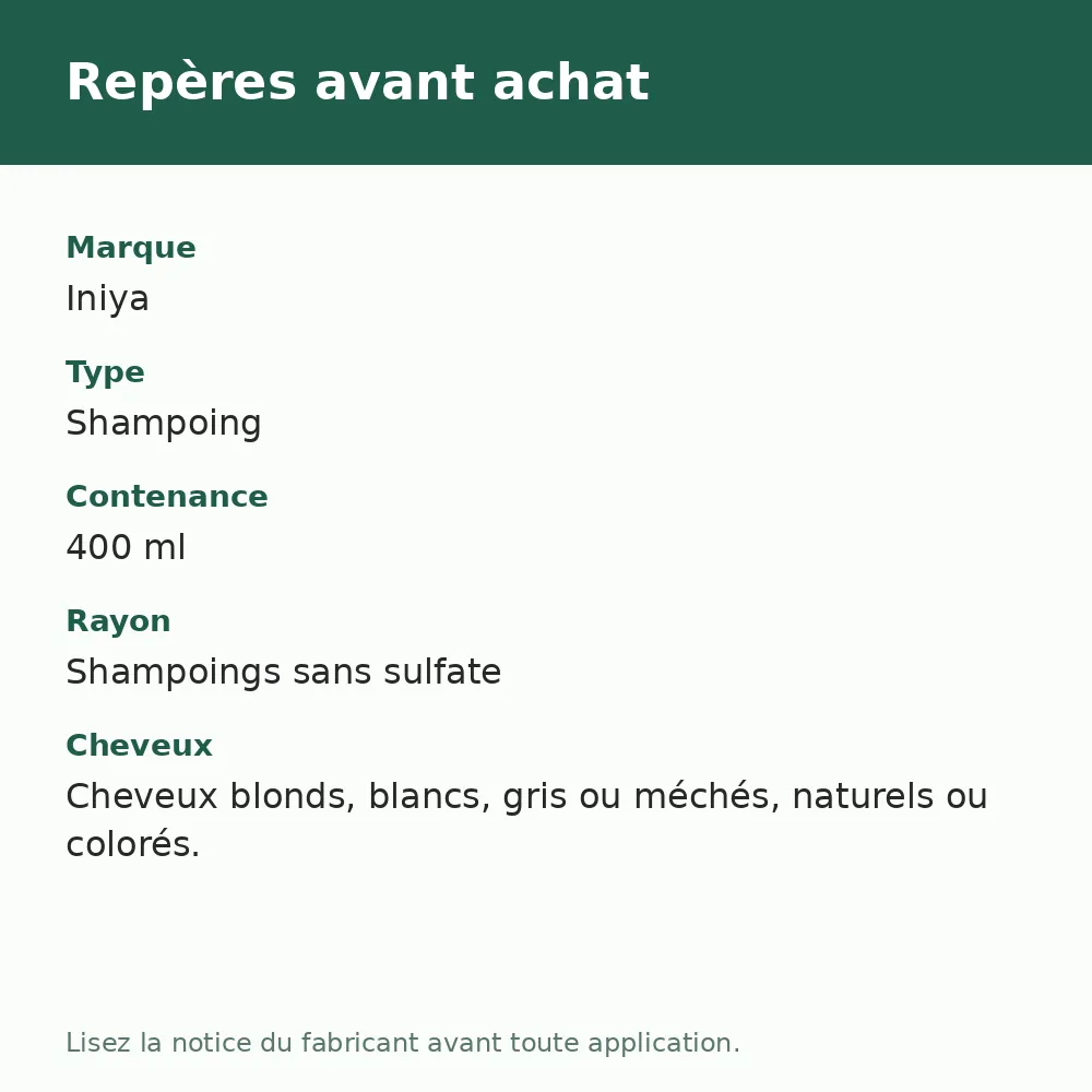 Iniya Silver Blonde shampooing déjaunissant 400 ml, repères avant achat (visuel composé)