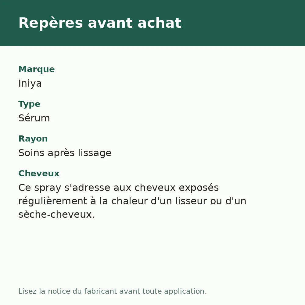 Iniya spray protecteur thermique Thermal Protect, repères avant achat (visuel composé)