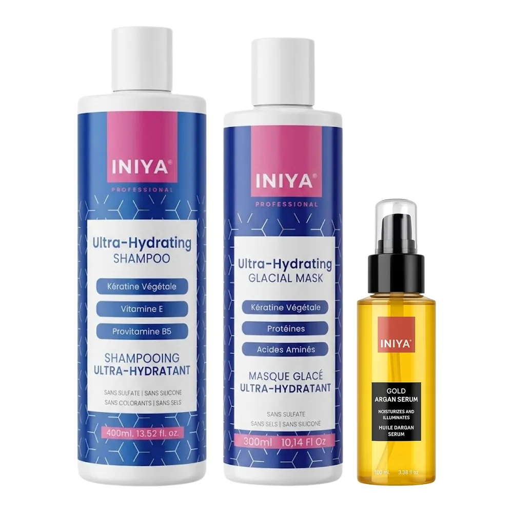 Iniya trio hydratation shampoing masque et sérum sans sulfate, packshot Iniya