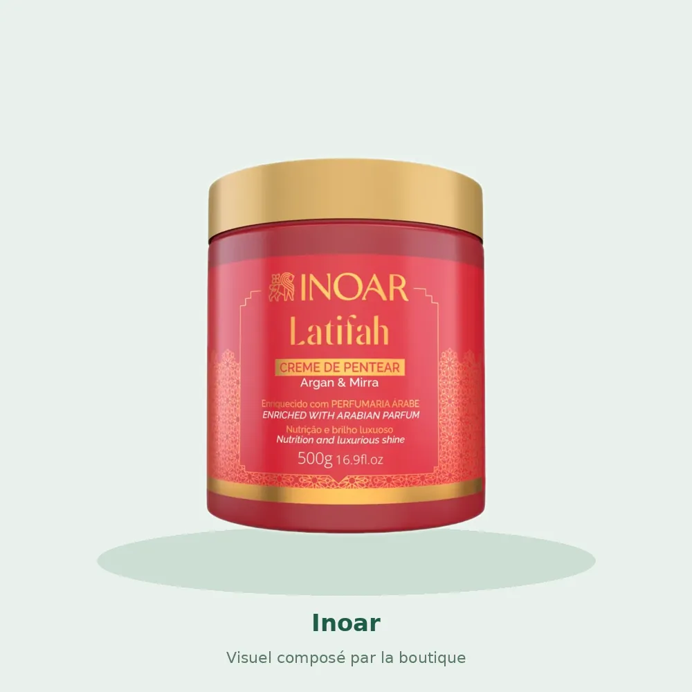 Inoar Latifah crème de coiffage 500 g, visuel composé par la boutique