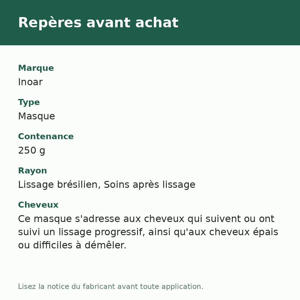 Inoar Liso Mágico masque lissage progressif 250 g, repères avant achat (visuel composé)