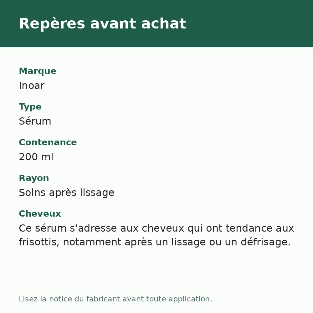 Inoar Uau sérum antifrizz 200 ml, repères avant achat (visuel composé)