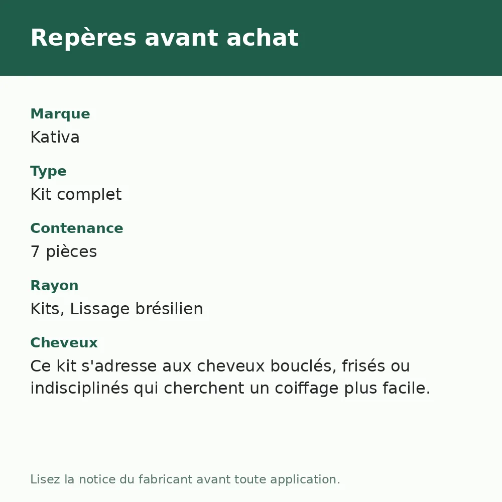 Kativa Alisado Brasileño Hyalurónico kit 7 pièces, repères avant achat (visuel composé)