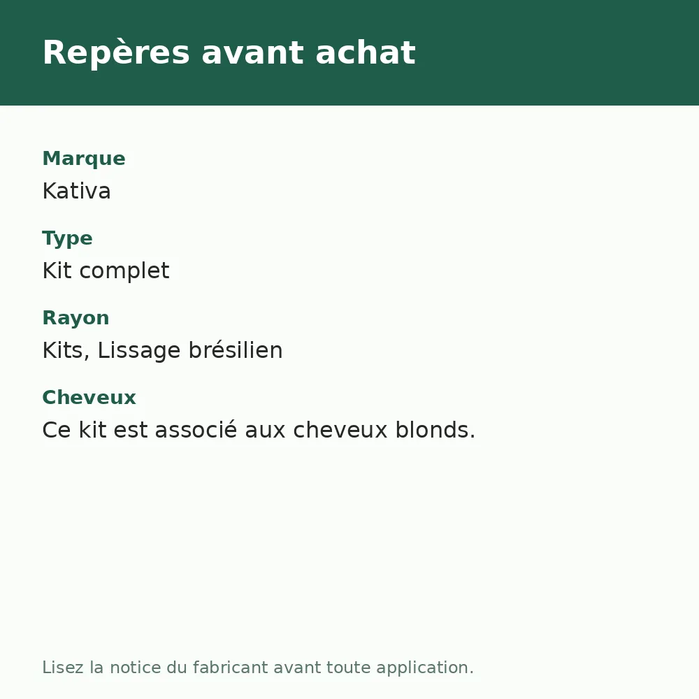 Kativa lissage brésilien spécial blonde kit complet, repères avant achat (visuel composé)