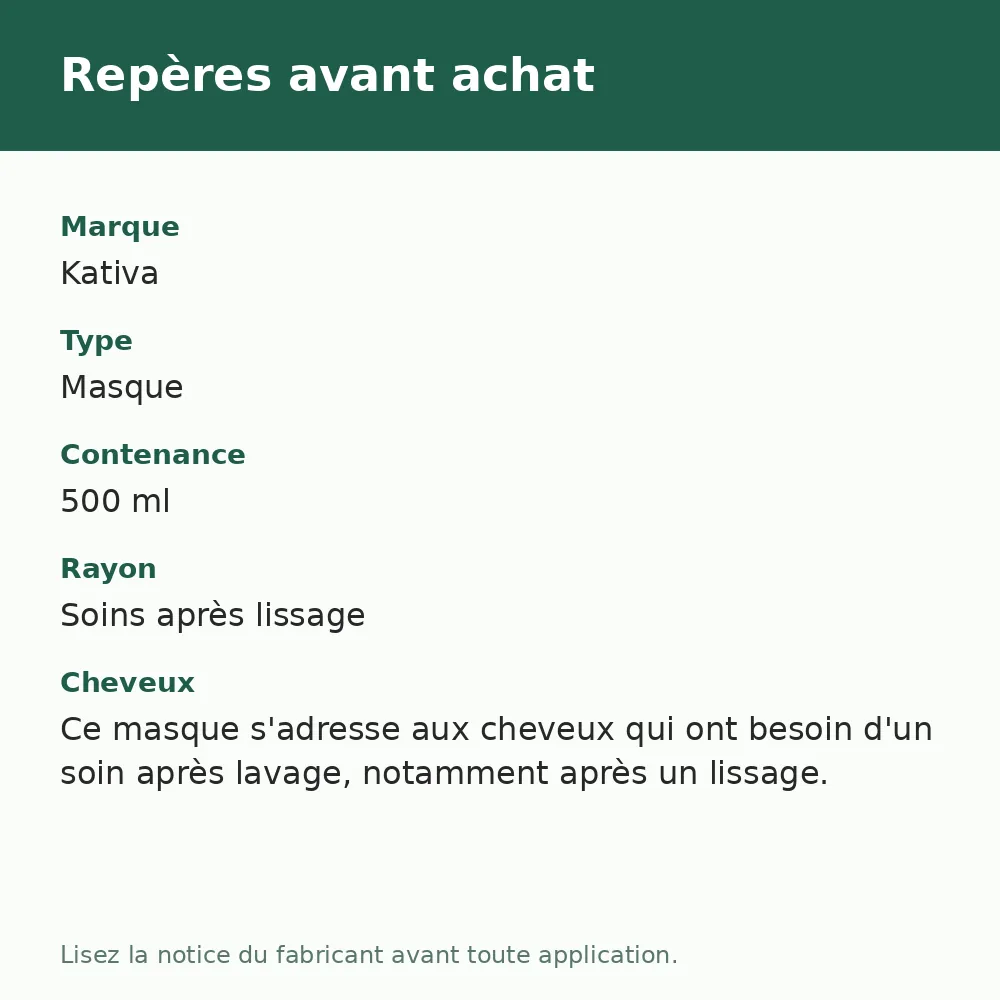 Kativa masque huile d'argan traitement intensif, repères avant achat (visuel composé)