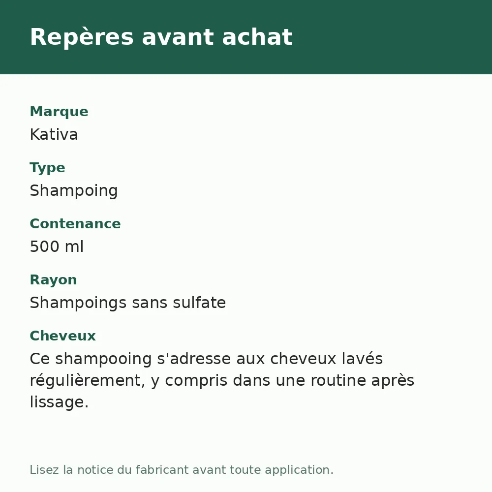 Kativa shampooing à l'huile d'argan sans sulfate, repères avant achat (visuel composé)