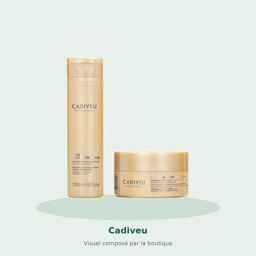 Kit Cadiveu Blonde Reconstructor shampooing et masque acidifiant, visuel composé par la boutique