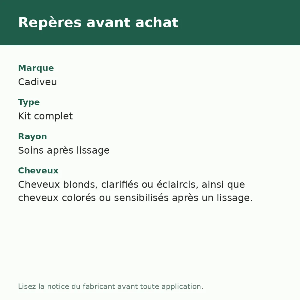 Kit Cadiveu Blonde Reconstructor shampooing et masque acidifiant, repères avant achat (visuel composé)