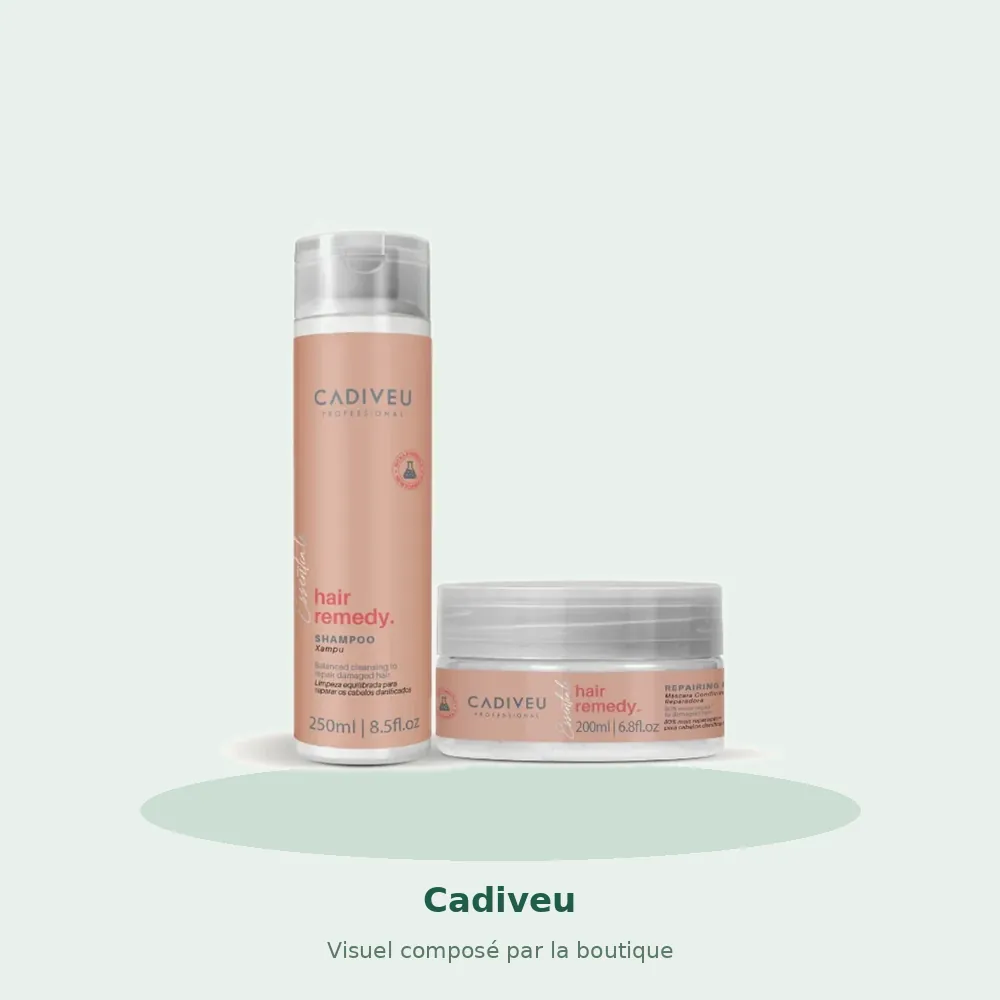 Kit Cadiveu Essentials Hair Remedy shampooing et masque, visuel composé par la boutique