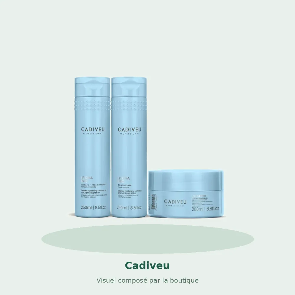 Kit Cadiveu Hydra Pro shampooing, après-shampooing et masque, visuel composé par la boutique