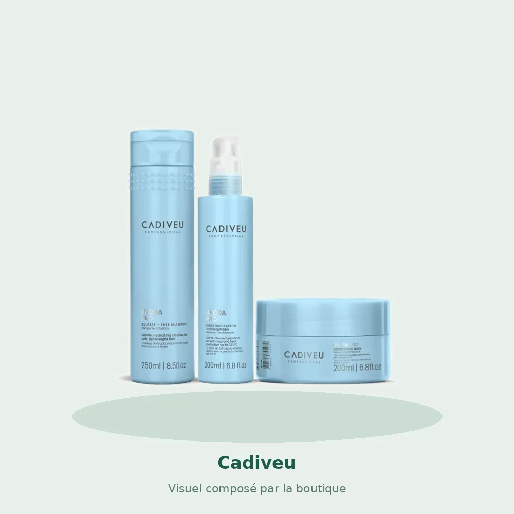 Kit Cadiveu Hydra Pro shampooing, masque et sans rinçage, visuel composé par la boutique