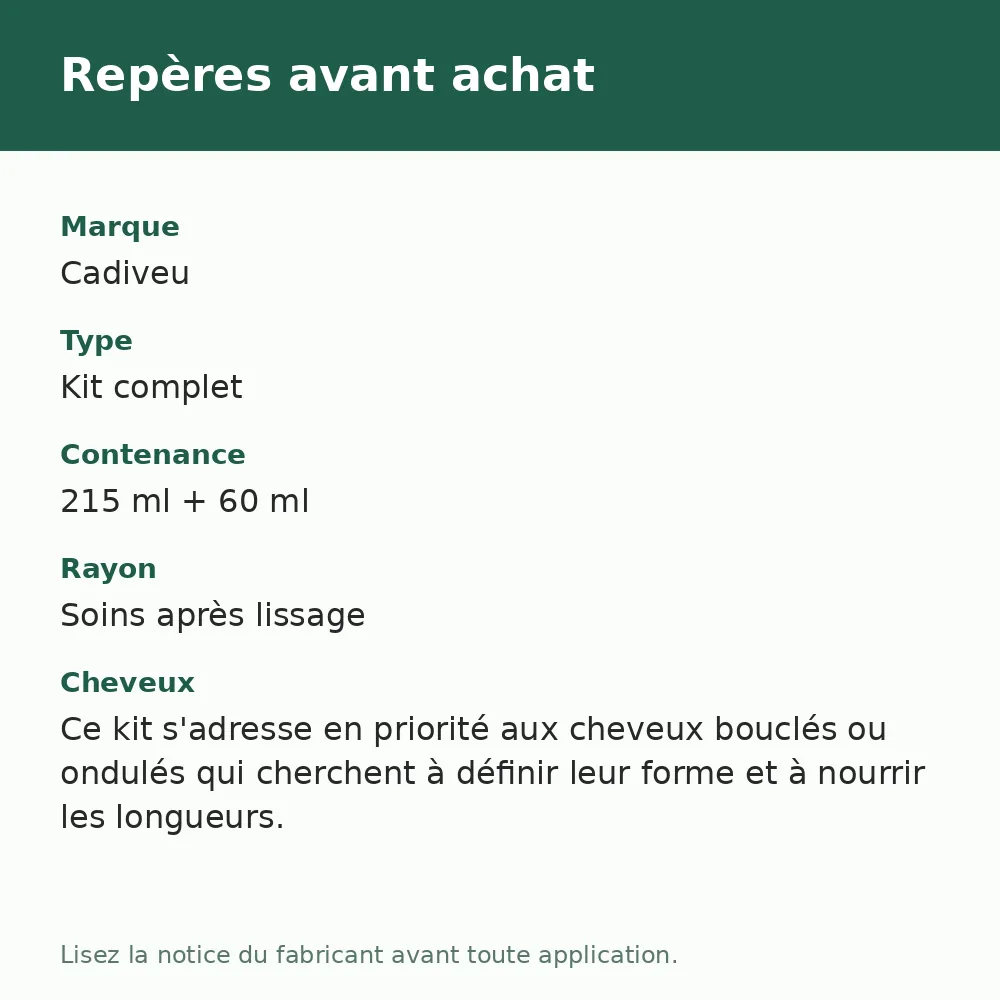 Kit Cadiveu Maxi Ondas 215 ml et Açaí Oil 60 ml, repères avant achat (visuel composé)