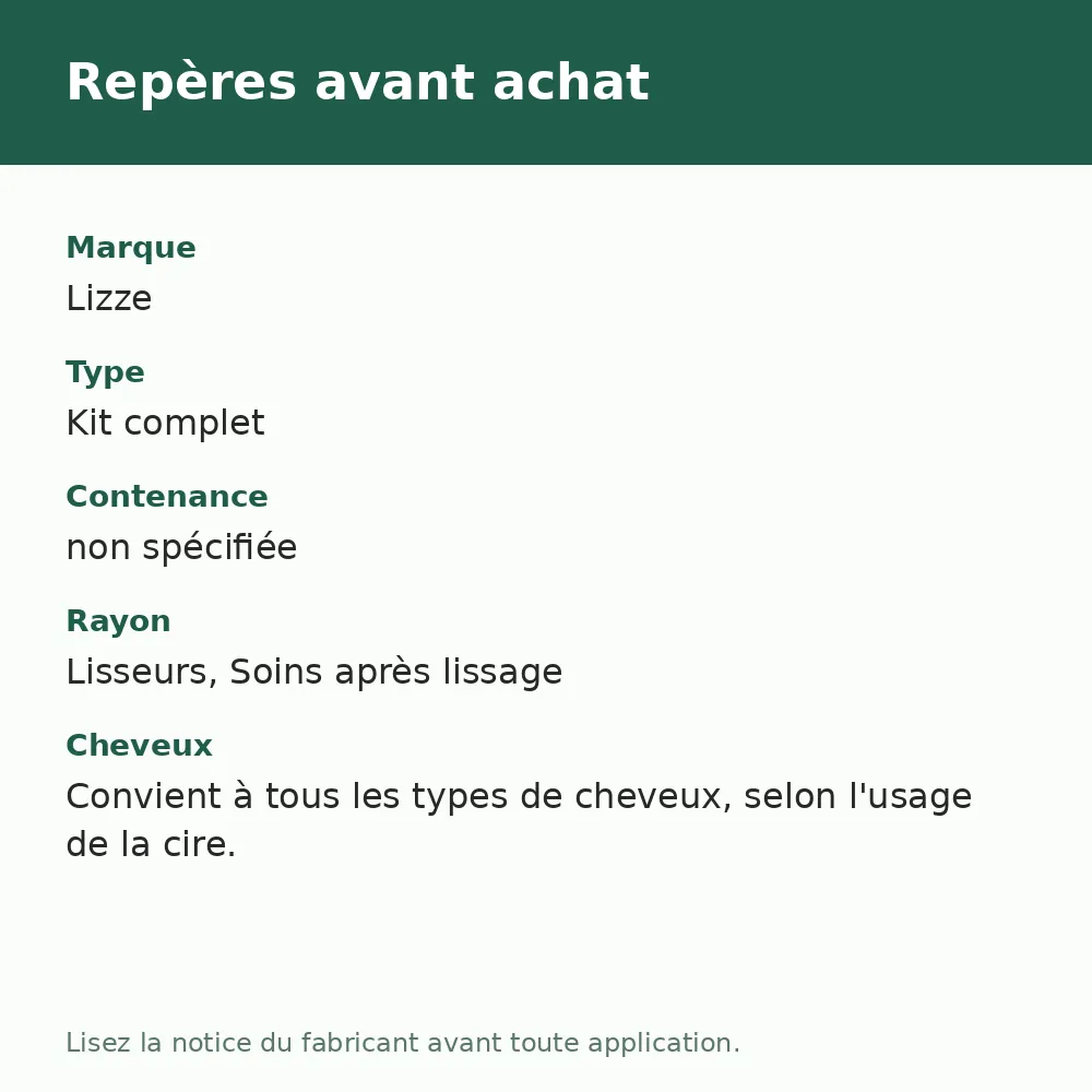 kit cire & chiffon microfibre pour lisseur lizze, repères avant achat (visuel composé)