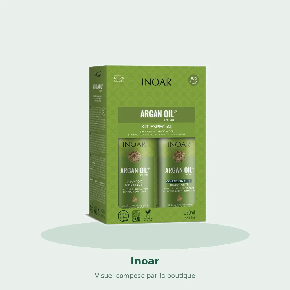 Kit duo Inoar Argan Oil System shampooing et après-shampooing, visuel composé par la boutique