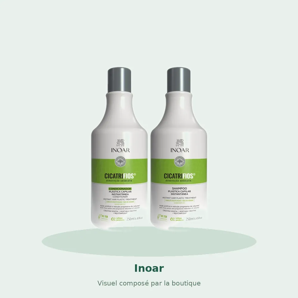Kit duo Inoar Cicatrifios shampooing et après-shampooing, visuel composé par la boutique