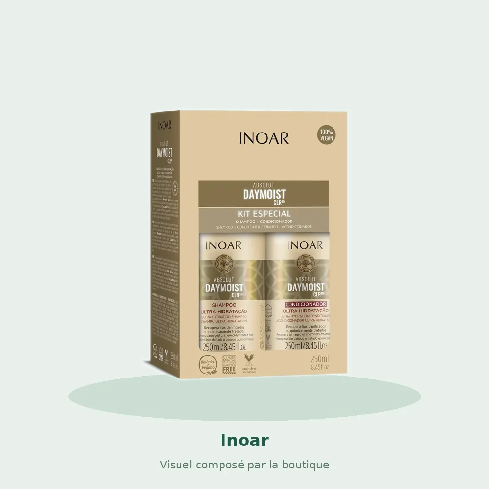 Kit duo Inoar Daymoist shampooing et après-shampooing, visuel composé par la boutique