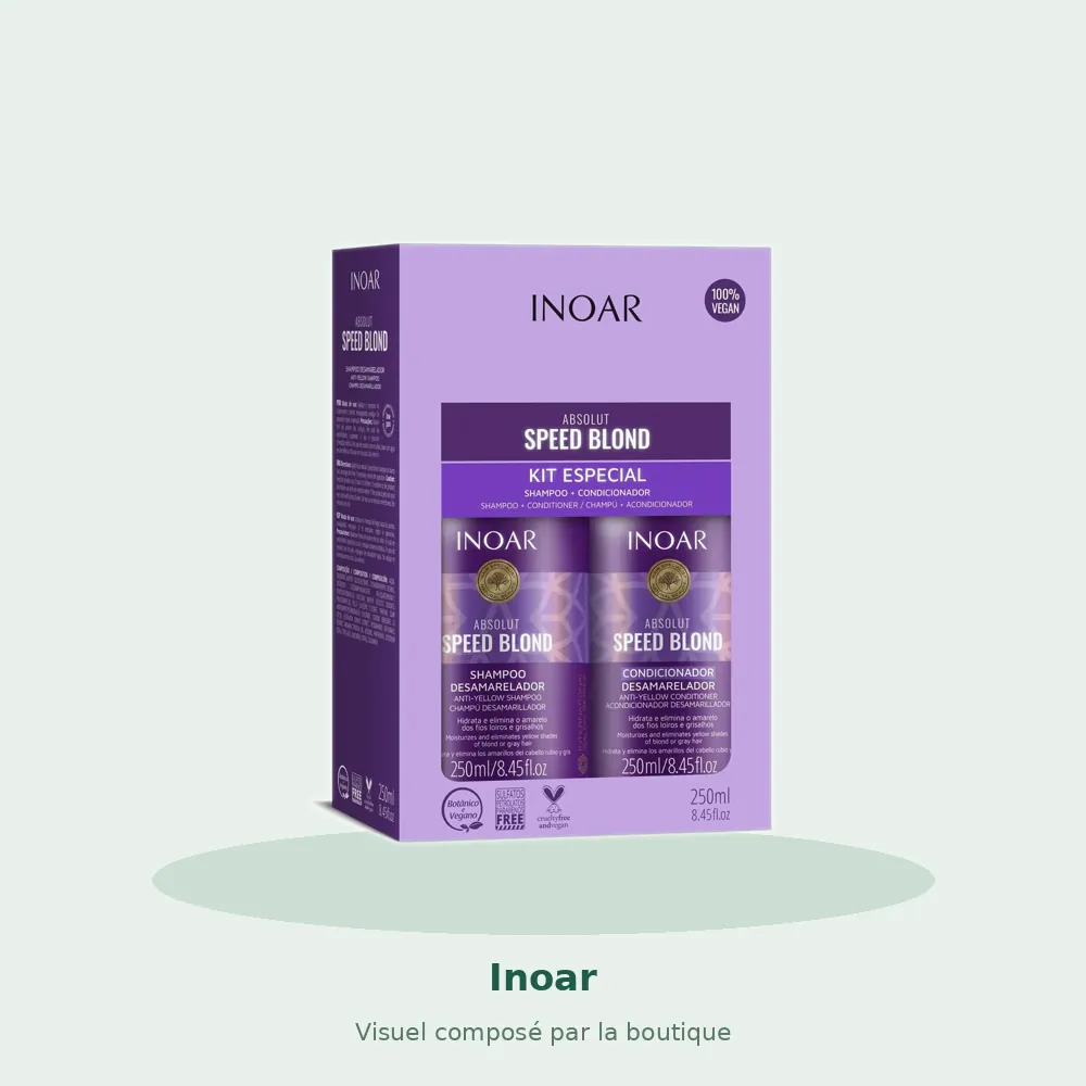 Kit duo Inoar Speed Blond shampooing et après-shampooing, visuel composé par la boutique