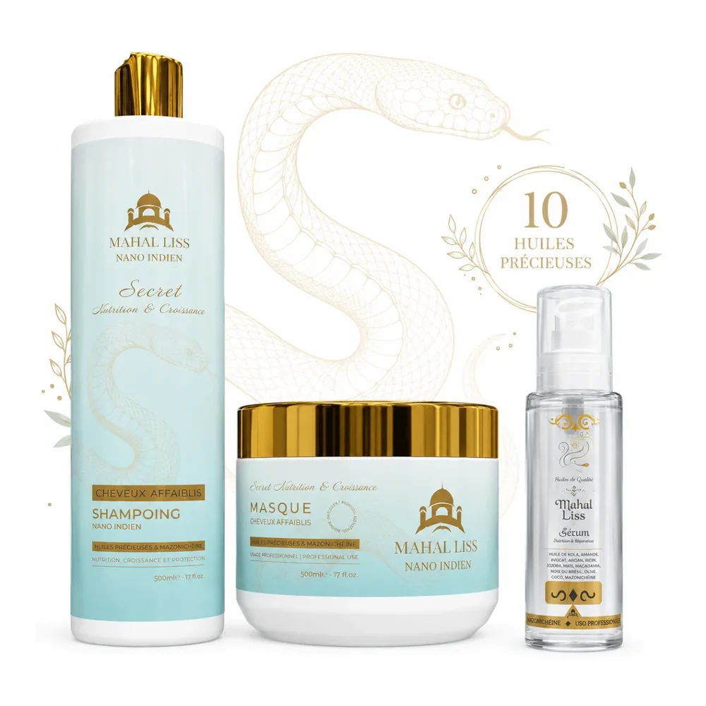 Kit entretien lissage indien shampoing, masque et sérum huile de serpent Mahal Liss, packshot Mahal Liss