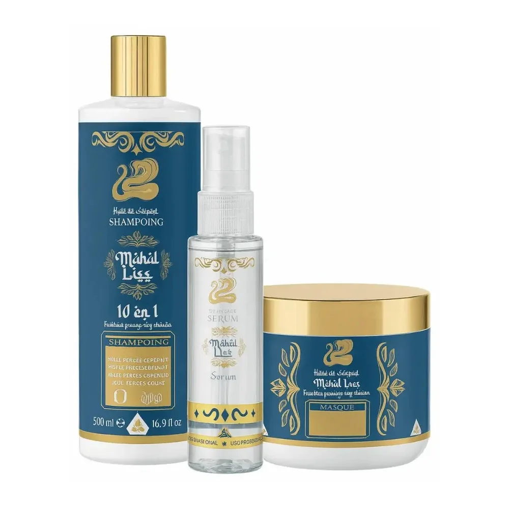 Kit entretien lissage indien shampoing, masque et sérum huile de serpent Mahal Liss, vue 2 Mahal Liss